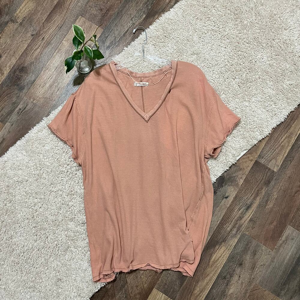 We The Free Large Earth Brown V-Neck Distressed Oversized Pullover Joni Tee